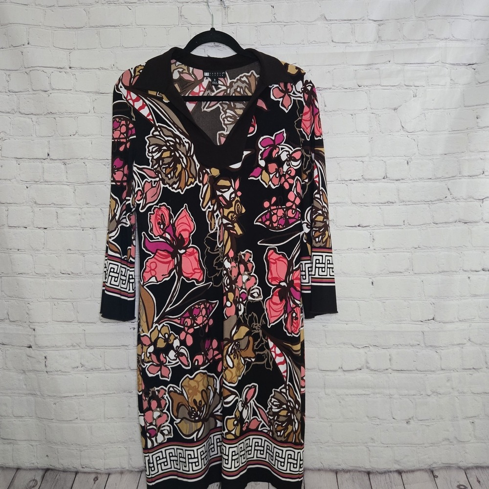Carole Little Brown Floral Knit Top with Pink and Brown Accents Y2k Hippie Mod M